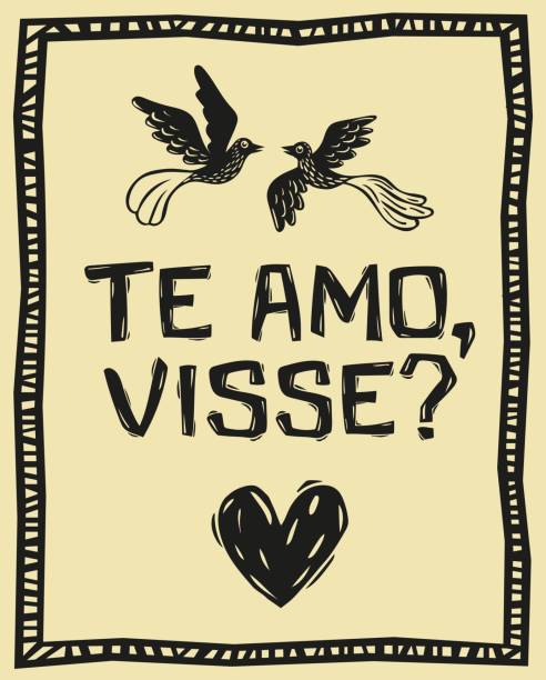 Te amo, visse. Typical expression of love from Northeast Brazil, with birds and heart. Cordel style woodcut. Vector illustration. frames with typical expressions from the Brazilian northeast. vector illustrations in woodcut style of brazilian cordel te amo drawing stock illustrations
