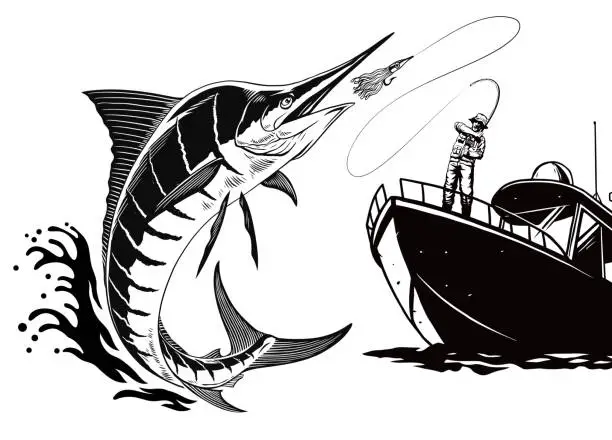 Vector illustration of Fisherman Catching Marlin Fish Illustration in Black and White