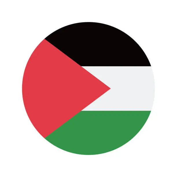 Vector illustration of Palestine flag. Button flag icon. Standard color. Round button icon. The circle icon. Computer illustration. Digital illustration. Vector illustration.