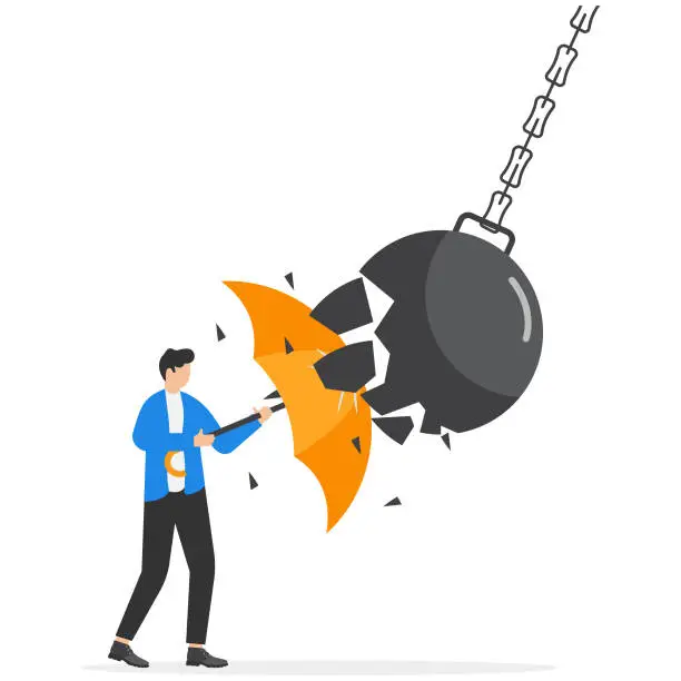 Vector illustration of Businessman holding an open red umbrella which protects from a collision with a broken wrecking ball. Safety measures. IT defense. Insurance and protection.