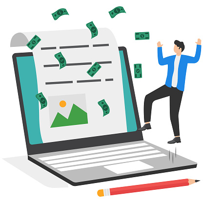 A Successful blogger or writer catching money banknotes falls from the sky. Make money from online, monetize content, get income or earning from affiliate links.