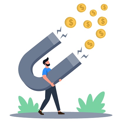 Flat vector illustration. Man attracts money with a magnet. Concept of earning and increasing income
