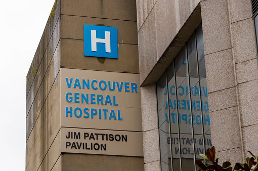 Vancouver, British Columbia, Canada. Mar 24, 2024. Vancouver General Hospital sign Jim Pattison Pavillion a medical facility.