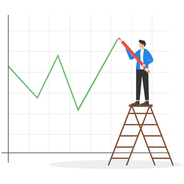 자신감 있는 사업가 상인이 사다리를 올라 빨간색 상승 투자 라인 그래프를 그립니다. 주가 상승, 자산 가격 급등 또는 상승, 주식 시장 강세 또는 경제 회복 개념. - recovery finance business line graph stock illustrations