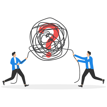 Pulling the tangled ropes with question mark.Business problem, Business vector illustration concept.