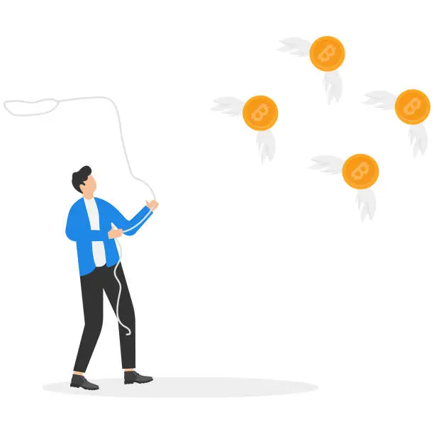 Vector illustration of Businessmen trying to catch flying coins, bitcoin or gold . Running entrepreneur man using business opportunity to scoop some bitcoin. Vector illustration.