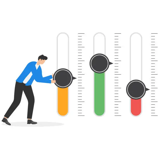 Vector illustration of Level control и business cost optimization with a man adjusting the level for cost, efficiency and quality. Modern vector illustration in flat style.