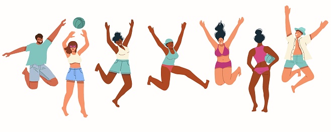 Girls and guys in swimsuits jumping around cheerfully and joyfully, happy with summer vacations. Excited active men and women with positive energy. Flat graphic vector illustration isolated on white background.