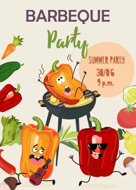 Vector illustration of BBQ party poster template. Promotional flyer design with grill, barbecue and food. Vertical promotional card for summer barbecue picnic, festival. Funny vegetables.