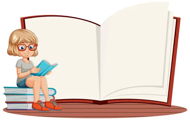 Vector illustration of Cartoon of a girl reading on a pile of books