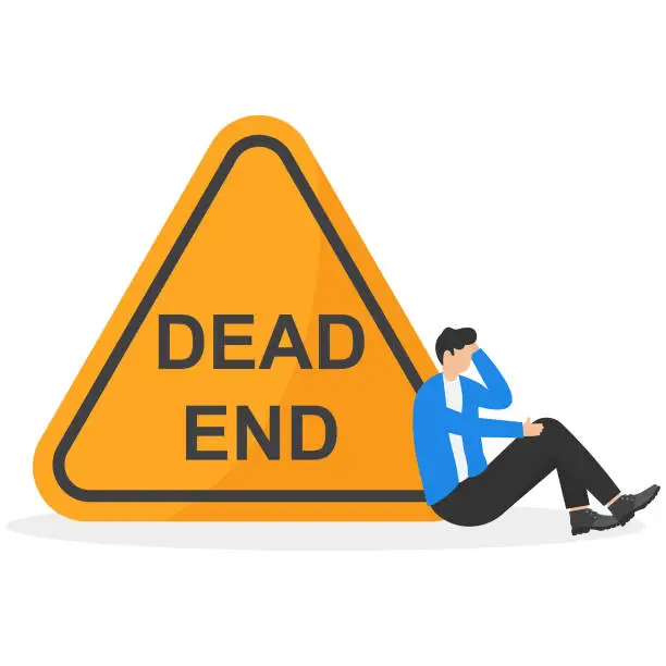 Vector illustration of Business or career dead end, no solutions or other work around for business obstacle, risk of struggle at the same job for years concept, depressed businessman office worker stop at dead end road sign