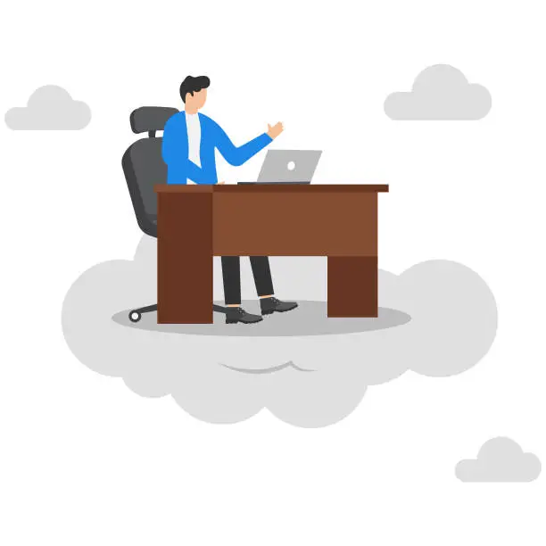 Vector illustration of Dream job or ideal work, perfect workplace or career success, opportunity for best job, promotion or aspiration concept, successful businessman working dream job on his desk on the cloud with ladder.