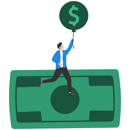 Businessmen float with air balloons. The product has increased in value. Inflation causes prices to skyrocket. The currency is strengthening. Vector illustration.