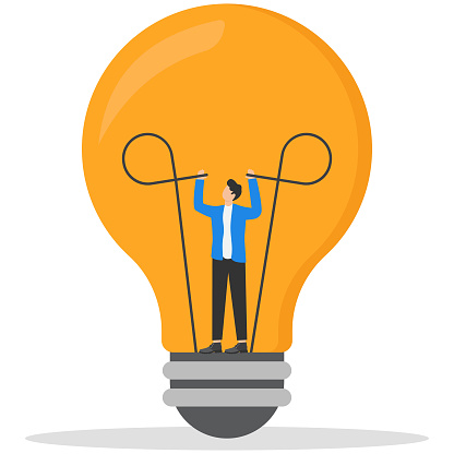 Businessmen or managers plug in an idea light bulb. Sparking new business ideas. Creativity, innovation. Processes and solutions.