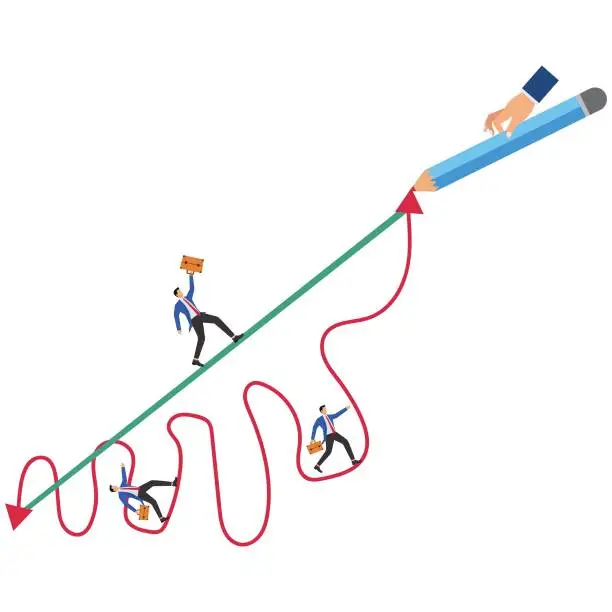 Vector illustration of Unfair competition, easy and difficult paths, challenges of varying difficulty, a group of businessmen on a difficult path protesting another on an easy path