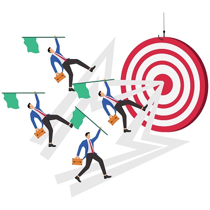 Focus and ambition for mission goals, obsessive pursuit and competition, determination to achieve goals or accomplishments, equidistant four businessmen running with flags to targets
