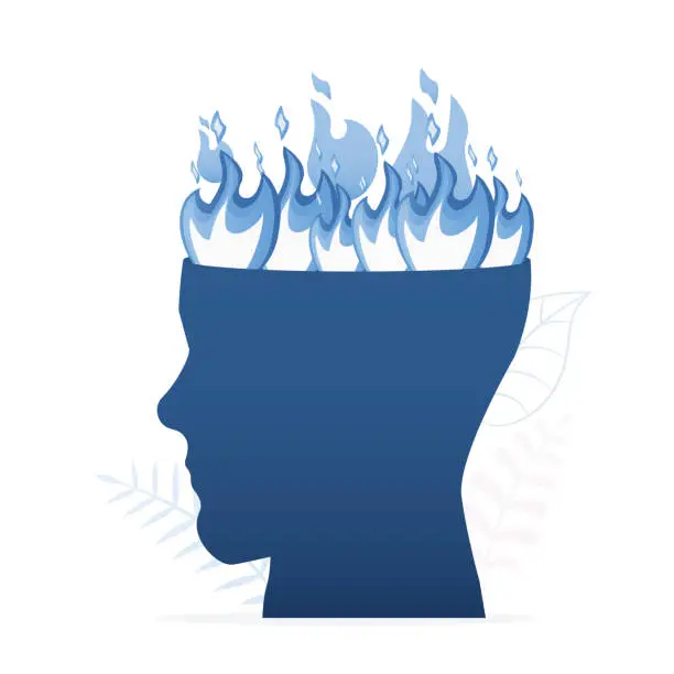 Vector illustration of Burning fire in human head. Bad mood, rage monster. Mental illness, depression, cure anxiety. Negative emotion, stress. Mind need psychological help. Flame in brain,