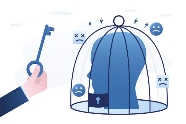 Vector illustration of Doctor's hand holds key from cage and helps mind open birdcage. Man has mental health disorders gets therapy from psychologist. Psychotherapy, depression and rehabilitation.