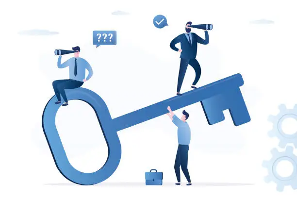 Vector illustration of Successful team with big key. Unlock target, success. Achievement of success, common goals, successful strategy, global vision. Searching right way to profit. Motivation to teamwork