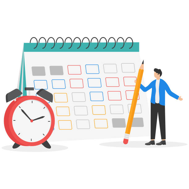 スケジュール計画と時間管理、会議と予定の整理、イベントのリマインダーまたはビジネススケジュールのコンセプト、カレンダーと目覚まし時計に鉛筆計画の作業スケジュールを保持する� - today reminder note pad writing点のイラスト素材／クリップアート素材／マンガ素材／アイコン素材