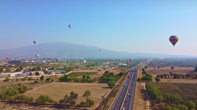 Amazing Aerial Footage of Hot Air Balloons in Teotihuacan during the sunrisse, sun pyramid