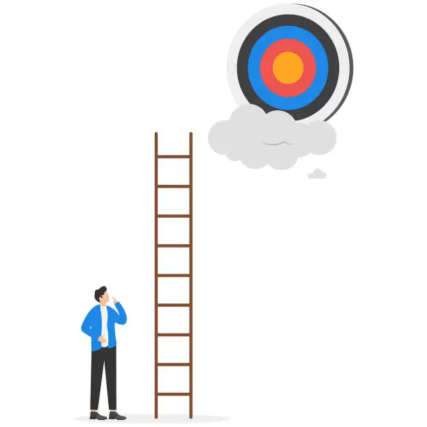 Vector illustration of Entrepreneurs hold darts aimed high at targets on the cloud. Dream big aim high, ambition and challenge to success in business, motivation to achieve big goal or target, career development concept.