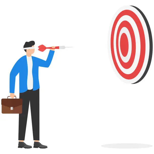 Vector illustration of Confident businessmen achieve their target before they see. Success reaching goal or target, victory or winner, accuracy and achievement to hit target bullseye, efficiency or perfection concept,