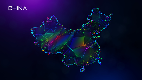 Futuristic China Map Polygonal Blue Purple Colorful Connected Lines And Dots Network Wireframe With Text On Hazy Flare Bokeh Background