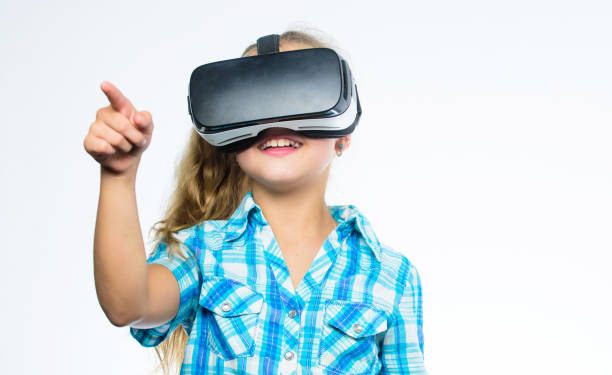 istock Girl cute child with head mounted display on white background. Virtual education for school pupil. Get virtual experience. Virtual reality concept. Kid explore modern technology virtual reality 2131962725