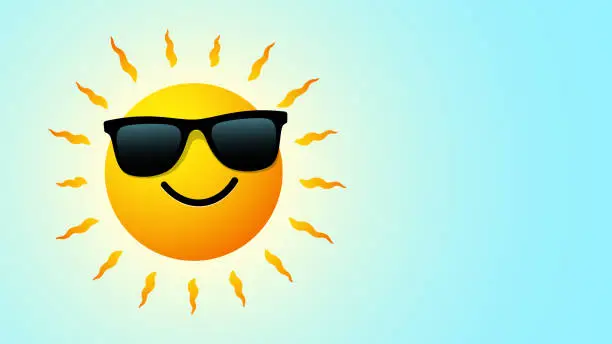 Vector illustration of Sun wearing sunglasses on blue sky
