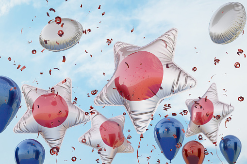Celebration with Japanese Flag Balloons and Confetti. 3D Render