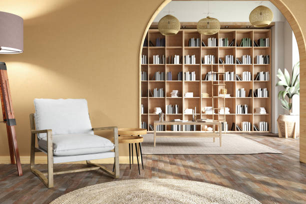 istock Cozy Beige Interior with an Armchair and Library 2132004864