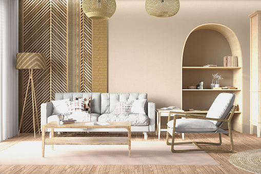 Scandinavian Style Boho Living Room with Wooden Furnitures and Beige Wall. 3D Render