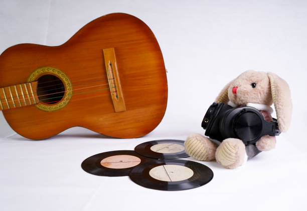 Plush bunny toy DJ with guitar and vinyl discs