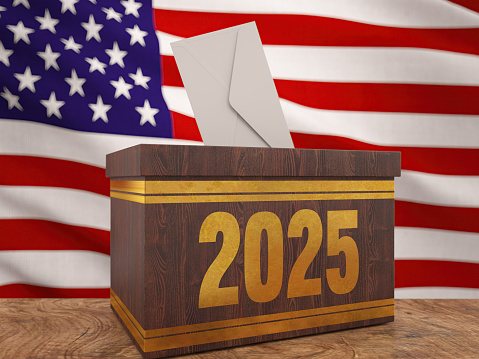 2025 USA Presidental Elections Concept with a Wooden Ballot Box and American Flag. 3D Render