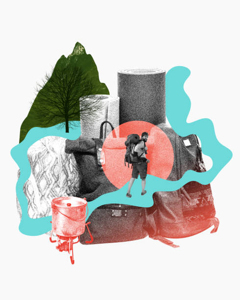 istock Young man with backpack going upwards mountains, climbing, hiking. Active travelling. Contemporary art collage. Camping items 2132016868