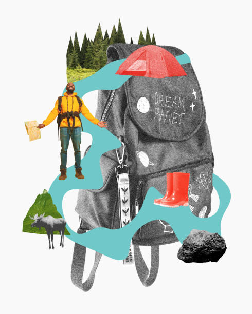 istock Young man with backpack and map going hiking, mountain and rucksack on background. Contemporary art collage. 2132016873
