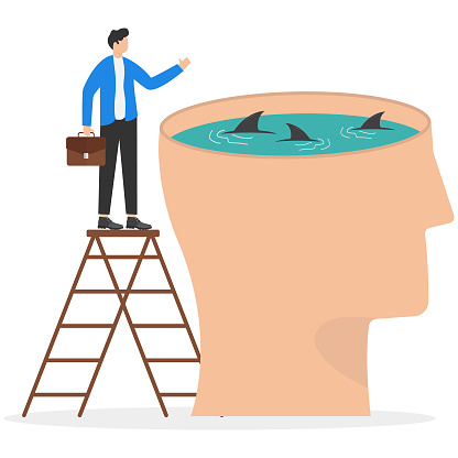 Creative process, in the head of circling sharks. Businessman jumping into hole. Business and financial crisis. Modern vector illustration in flat style