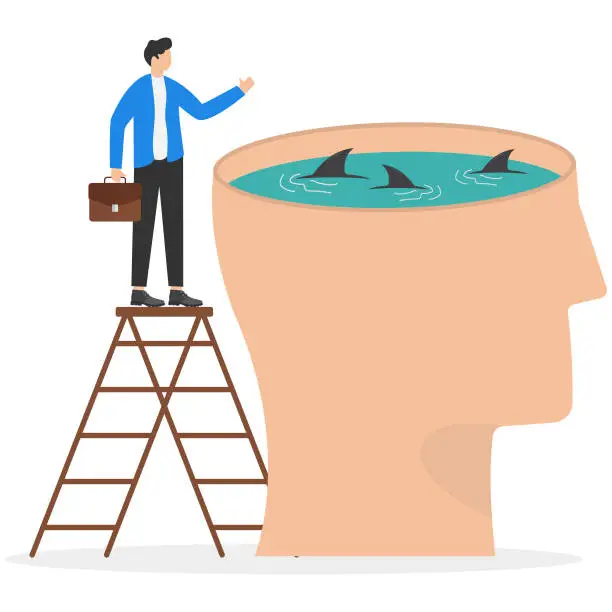 Vector illustration of Creative process, in the head of circling sharks. Businessman jumping into hole. Business and financial crisis. Modern vector illustration in flat style