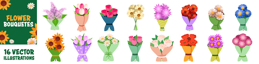 Flower bouquetes icon set. Flat style. 8 march.