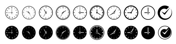 Time clock icon set. Clock face set. Linear and silhouette style. Time clock icon set. Clock face set. Linear and silhouette style. clock watch time clock face stock illustrations