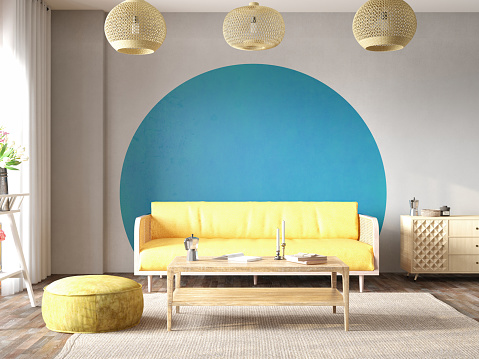 Cozy Interior with Colorful Furniture and Blue Wall. 3D Render