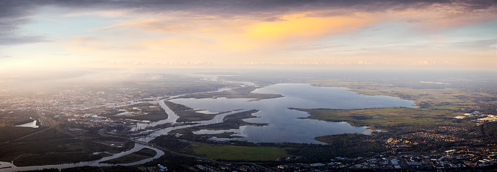 Aerial view of Oder river, lake Dabie and Szczecin with harbour, Poland