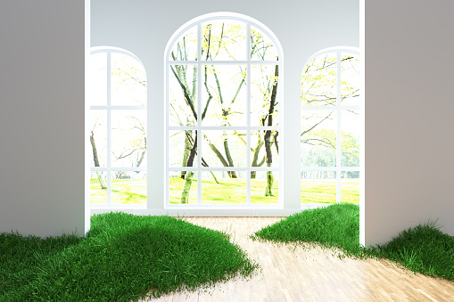 Green Grass and Flowers Inside the Living Room. 3D Render
