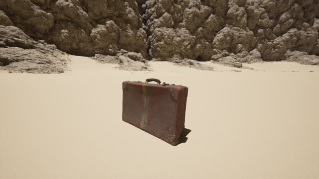 A piece of luggage sitting on top of a sandy beach