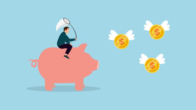 Businessman riding piggy bank catching coin cartoon animation
