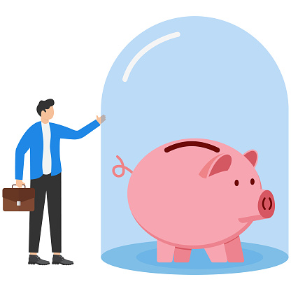 Businessmen stand with wealthy piggy banks under glass dome strong protection. Protect money from inflation, insurance. Modern vector illustration in flat style