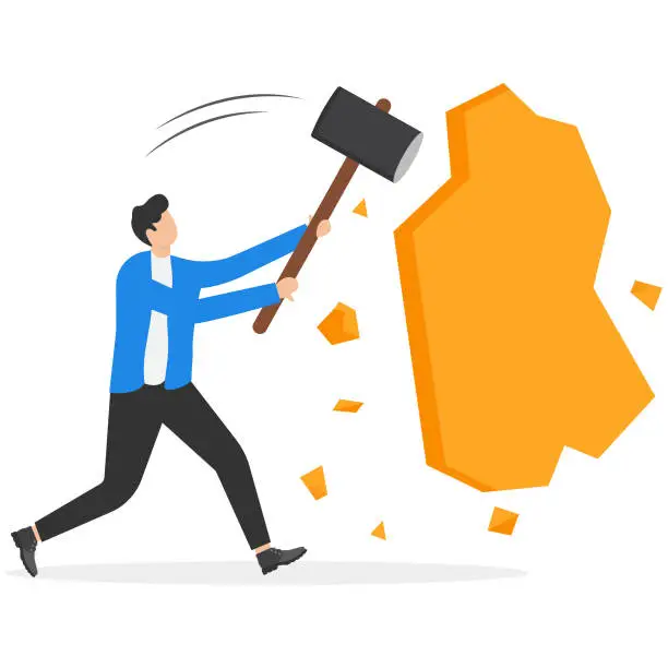 Vector illustration of Businessmen jump to break through the wall for freedom. Modern vector illustration in flat style