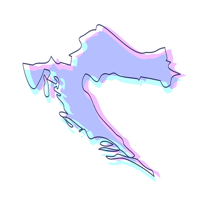 Map of Croatia sketched and isolated on a white background. The map is purple with a black outline. Pink and blue are overlapped to create a modern visual effect, looking like anaglyph image. The combination of pink and blue in this illustration creates a predominantly purple map. Vector Illustration (EPS file, well layered and grouped). Easy to edit, manipulate, resize or colorize. Vector and Jpeg file of different sizes.