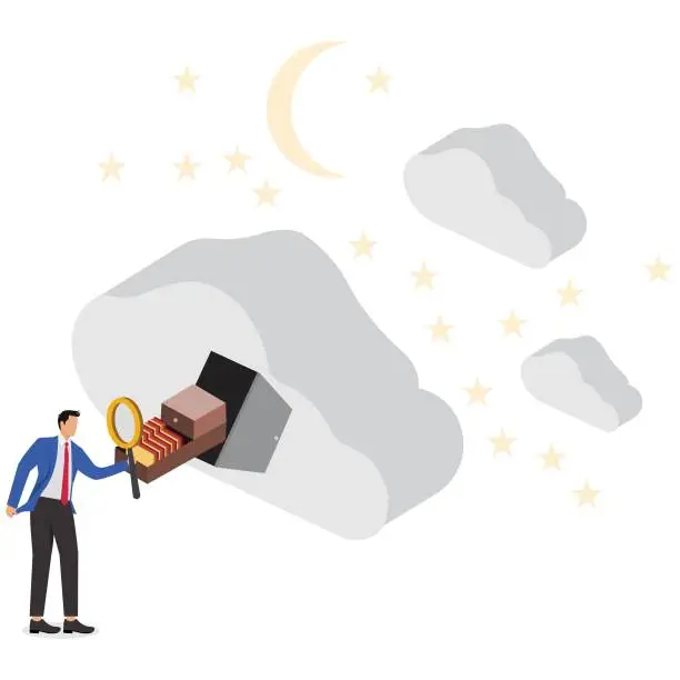 Vector illustration of Computer cloud database sharing, file storage and search, business technology services and support, isometric businessman with a magnifying glass searching and storing files inside an open drawer in the cloud